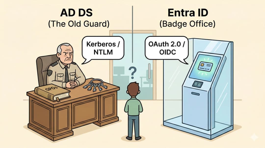 Two characters in an office lobby: left side shows the Old Guard (AD DS) - a stern figure behind an oak desk with a GPO rulebook and metal keys, speech bubble reading "Kerberos / NTLM"; right side shows the Entra ID Badge Office - a sleek glass kiosk with a speech bubble reading "OAuth 2.0 / OIDC". An employee stands between them with a question mark overhead