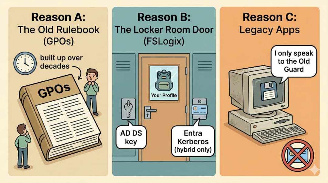 Three panels showing the three reasons AD DS still exists: Panel 1 - a thick GPO rulebook with a clock icon suggesting decades of rules; Panel 2 - a locker room door with two locks, one for an AD DS metal key and one for an Entra Kerberos smart keycard, a profile backpack visible through the window; Panel 3 - an old early-2000s desktop computer with a speech bubble saying "I only speak to the Old Guard" and a no-entry symbol over a modern keycard