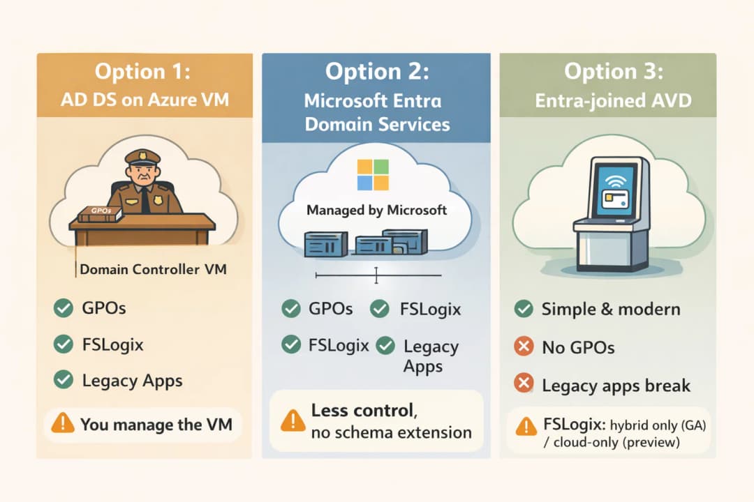 Three columns comparing AVD identity options: Column 1 (Option 1 - AD DS on Azure VM) shows an Old Guard figure at a Domain Controller desk with green checkmarks for GPOs, FSLogix, and Legacy Apps, plus an orange warning for "You manage the VM"; Column 2 (Option 2 - Microsoft Entra Domain Services) shows the same Old Guard desk with a Microsoft cloud logo above it and a warning for "Less control, no schema extension"; Column 3 (Option 3 - Entra-joined AVD) shows a modern glass kiosk with a green checkmark for "Simple and modern" and red X marks for "No GPOs" and "Legacy apps break"